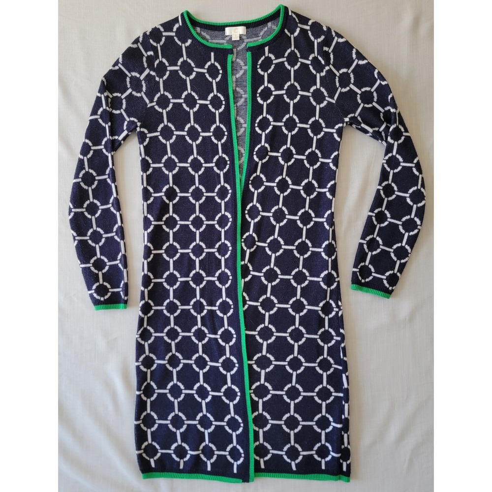 C by Bloomingdales Women's Navy White Chain Pattern Open Front Cardigan Sz Small